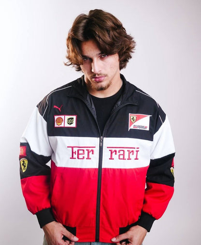 Model wearing oversized unisex Ferrari F1 White Racer Jacket