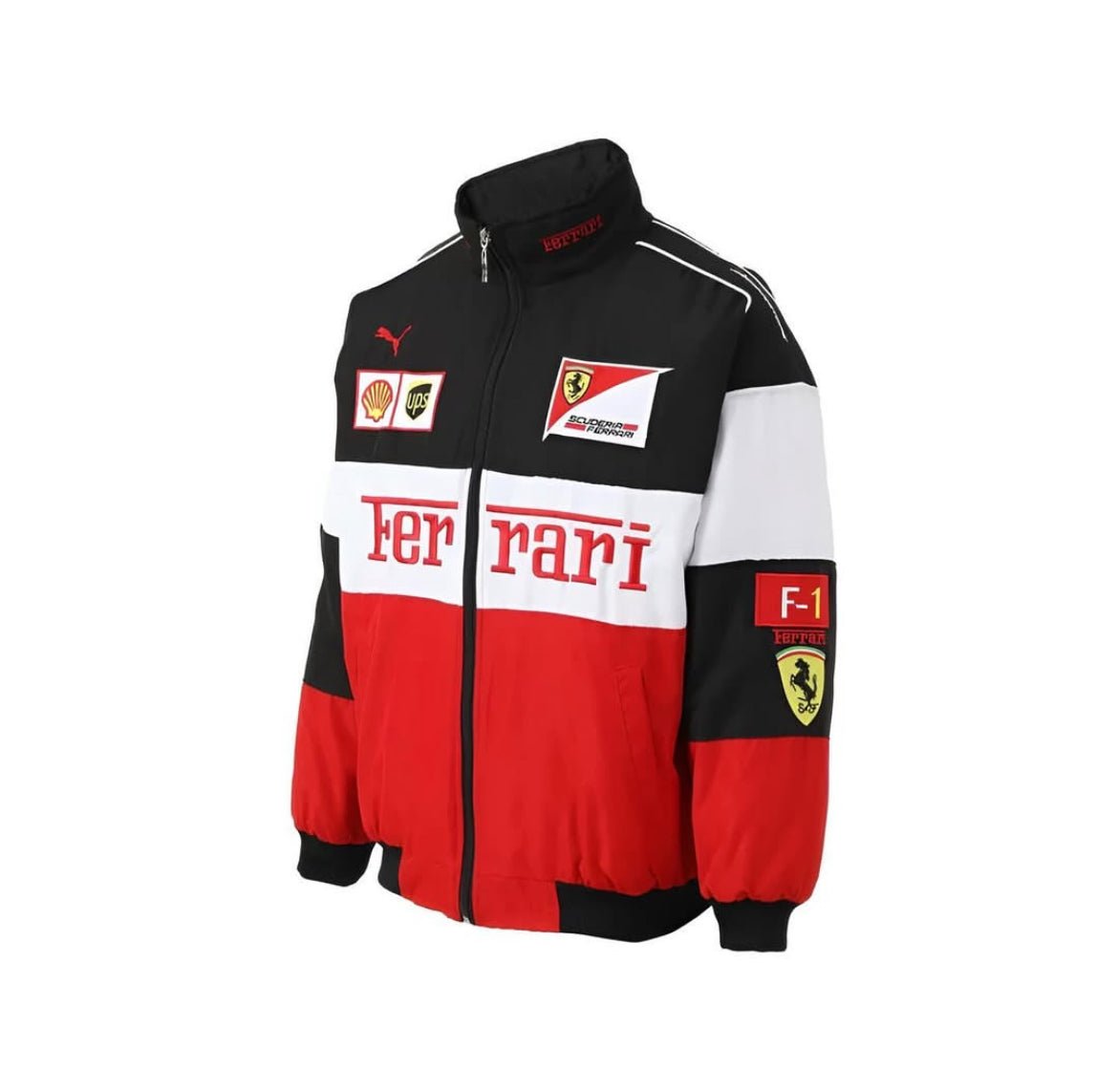 Side profile of Ferrari F1 White Racer Jacket highlighting design details